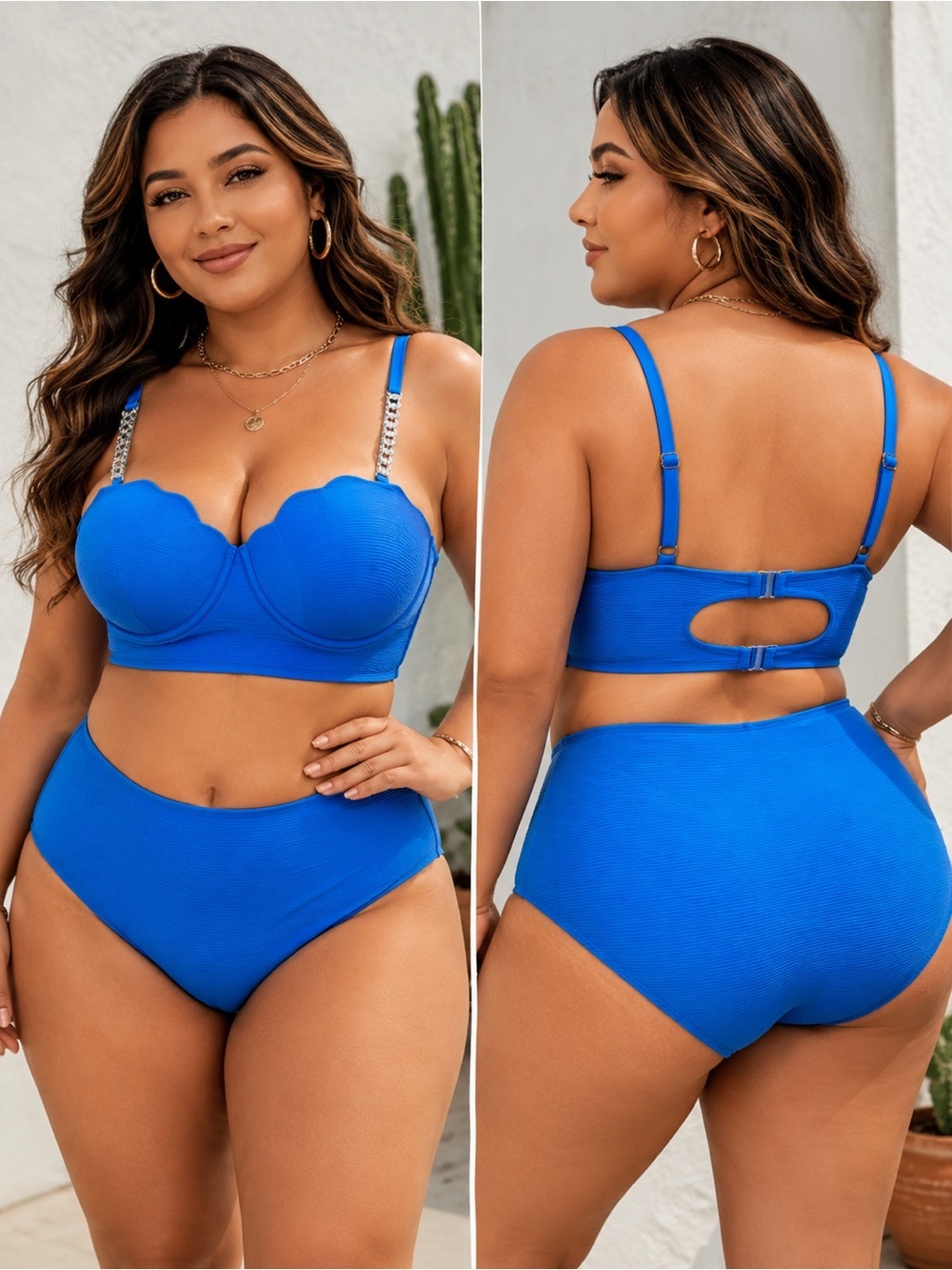 Plus Size Blue Scallop Push Up High Waisted Bikini Set